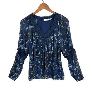 RAMY BROOK Blouse Printed Silk Top Blouson Sleeves Blue